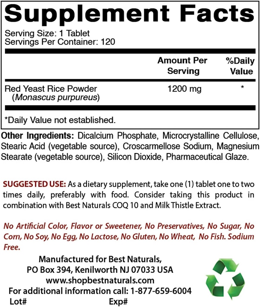 En İyi Doğallar Red Yeast Rice Cholesterol Destek 1200 mg & COQ10 100 mg