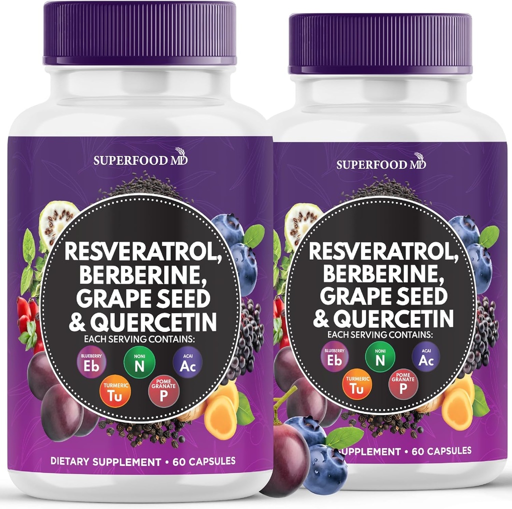 Resveratrol Berberine Grape Seed Extract Quercetin - Συμπλήρωμα πολυφαινόλης με Noni Extract, N-Acetyl Cysteine, Acai Extract - Κατασκευασμένο στις ΗΠΑ - 120 κάψουλες