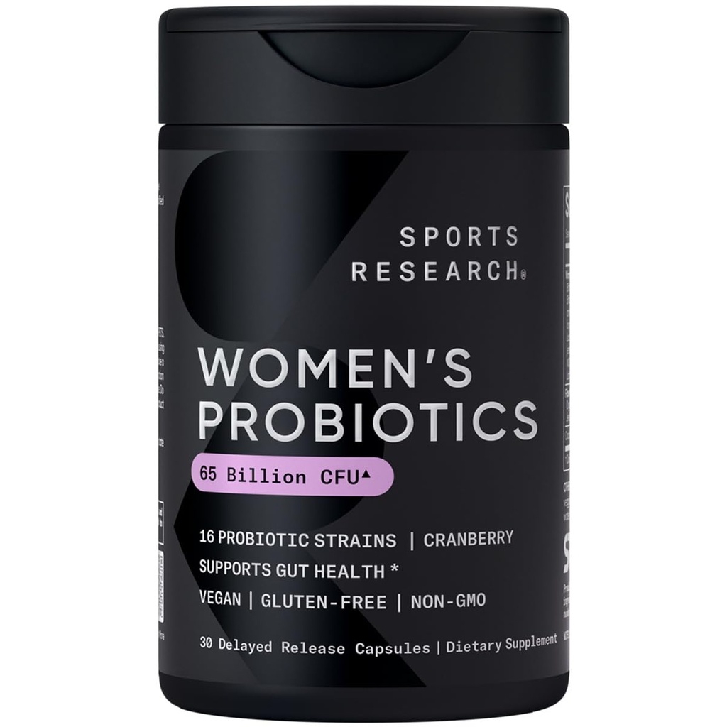Sports Research Women's Probiotics with Prebiotics, 65 Billion CFU - Vegan Capsules for Gut Health & Digestive Support, Probiotics for Women with Cranberry - Non-GMO Verified & Gluten Free - 30 Count