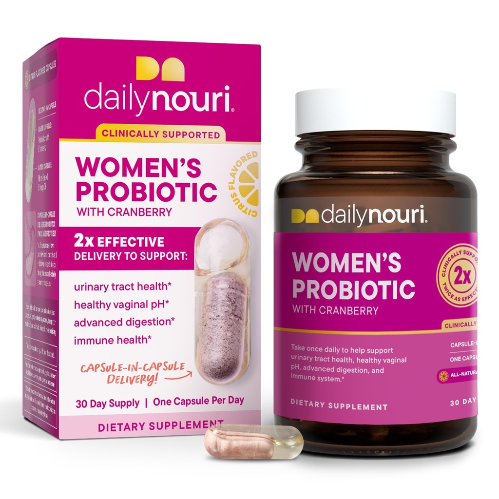 Daily Nouri Women's Probiyotik | Supports Vaginal pH, Urinary Tract, Digestive & Immune Health | 5 Klinik olarak Studied Strains + Cranberry & Omega Vegan