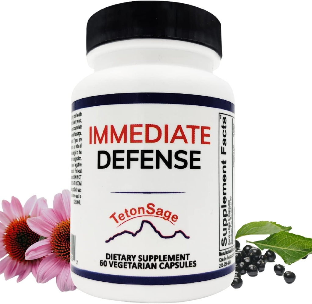 Immediate Defense Immune Support - Zinc, Black Elderberry, Echinacea, Vitamin A & C with B12, | Powerful Immunity Booster for Adults | Immune System Booster Supplement 60 Capsules