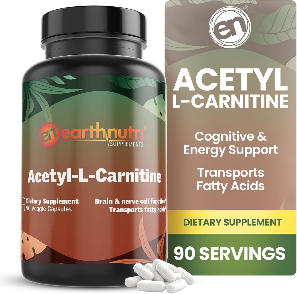 EarthNutri Acetyl-L-Καρνιτίνη Κάψουλα – Χωρίς πρόσθετα, χωρίς γλουτένη, χωρίς πληρωτικά, χωρίς συντηρητικά – Acetyl L-Καρνιτίνη συμπλήρωμα βοηθά τη συγκέντρωση και την ενέργεια – 500mg ανά υπηρεσία, Unflavored 90 Count