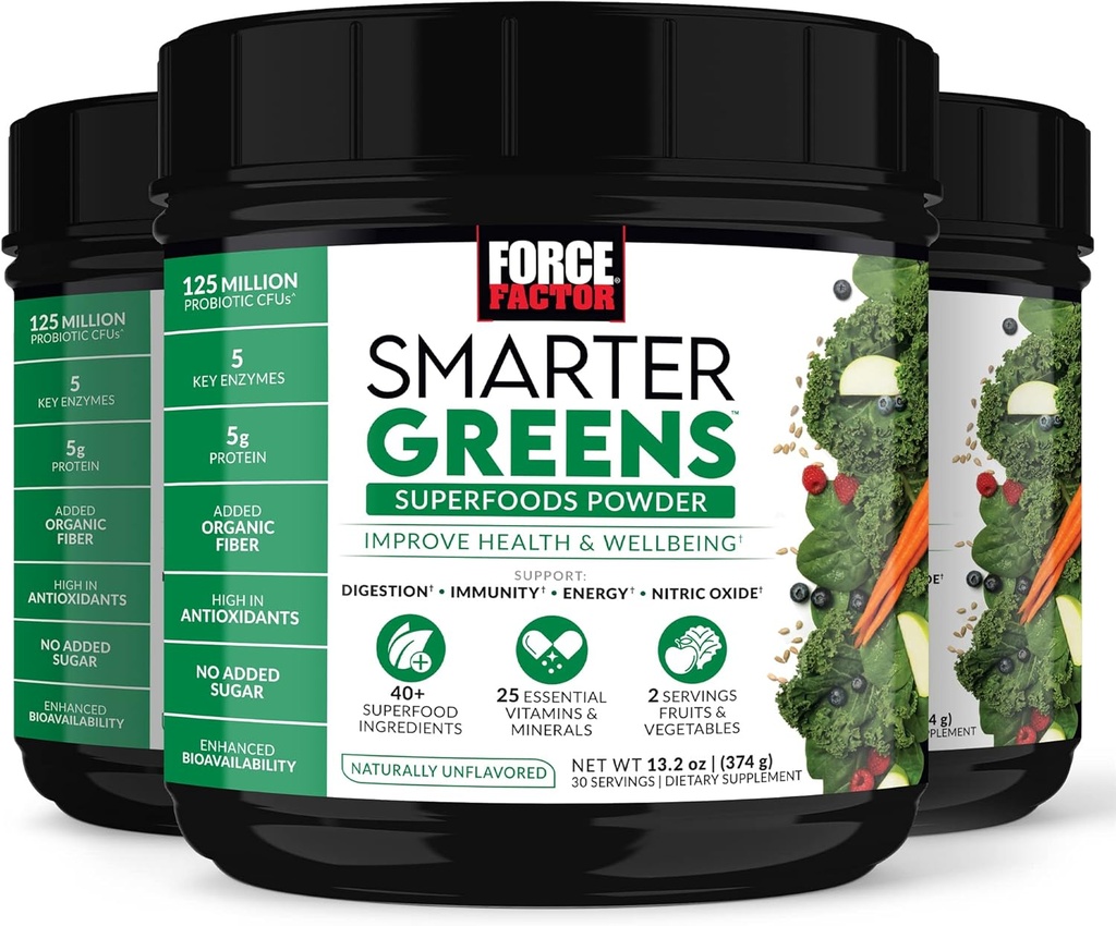 FORCE FACTOR Smarter Greens Superfoods Powder, 3-Pack, Supports Digestion and Bloating, Immunity, and Energy, Greens Powder with Probiotics, Digestive Enzymes, Antioxidants, and Fiber, 90 Servings
