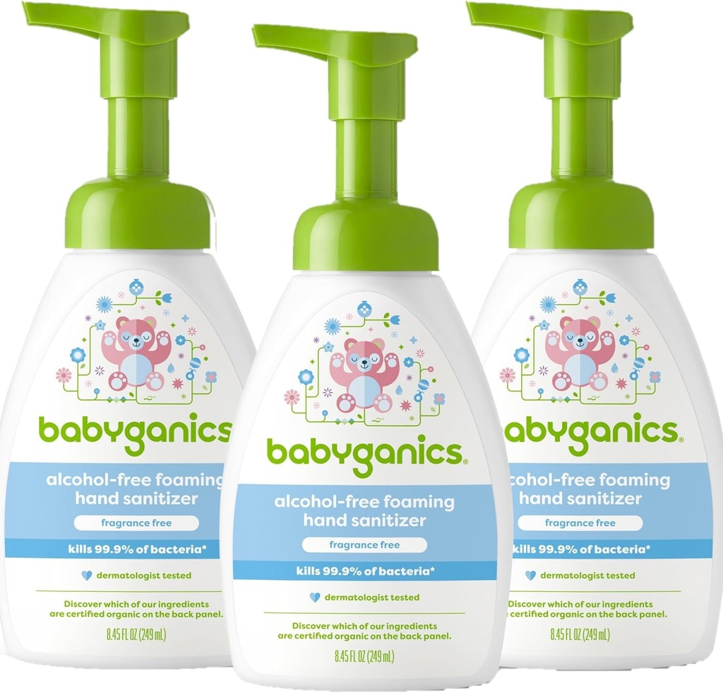 Babyganics Alkol Özgür Hassas El Sanitizer, Pump Şişe, Fragrance Free, 8.45 oz, 3 Pack