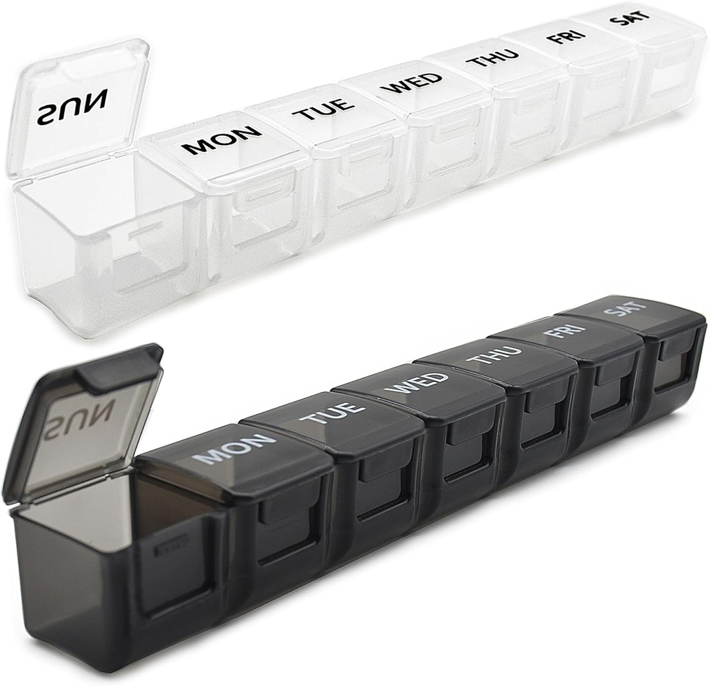 2 Pack Weekly Pill Organizer, Büyük 7 Gün Pill Case, Daily Vitamin Case Medicine Box, AM/PM Pill Containers for Medicine Supplements Fish Oil (White & Black)