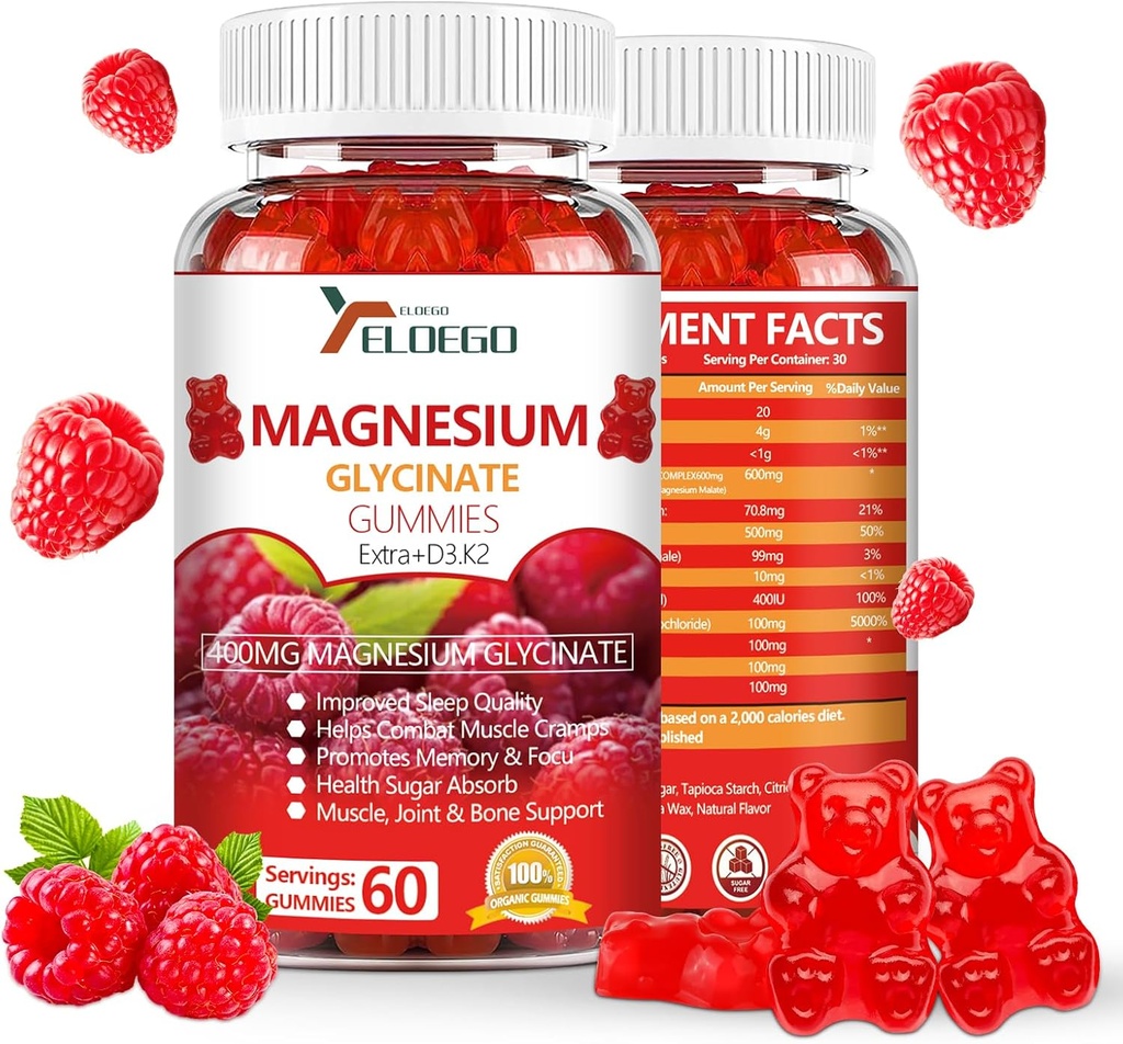 Μαγνήσιο Γλυκινικό Gummies 600mg (Magnesium Malate 200mg), Extra K2 & D3, Υψηλή Απορρόφηση Συμπλήρωμα Μαγνησίου για τον ύπνο, Stress Relief, Nerve Support, Raspberry (60 Count)
