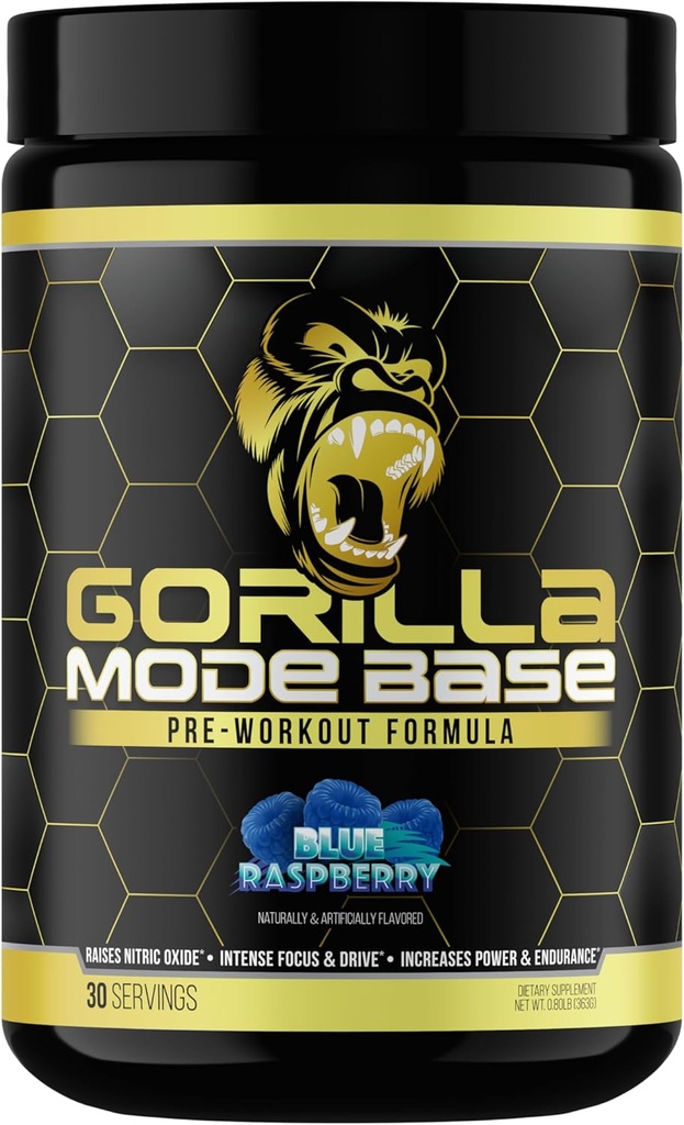 Gorilla Mind Base Pre Workout - Nitrik Oksit Intense Focus & Drive Endurance Power - L-Citrulline, L-Tyrosine, Betaine, Alpha-GPC, Caffeine, Huperzine A - 360 Grams (Mavi Raspberry)
