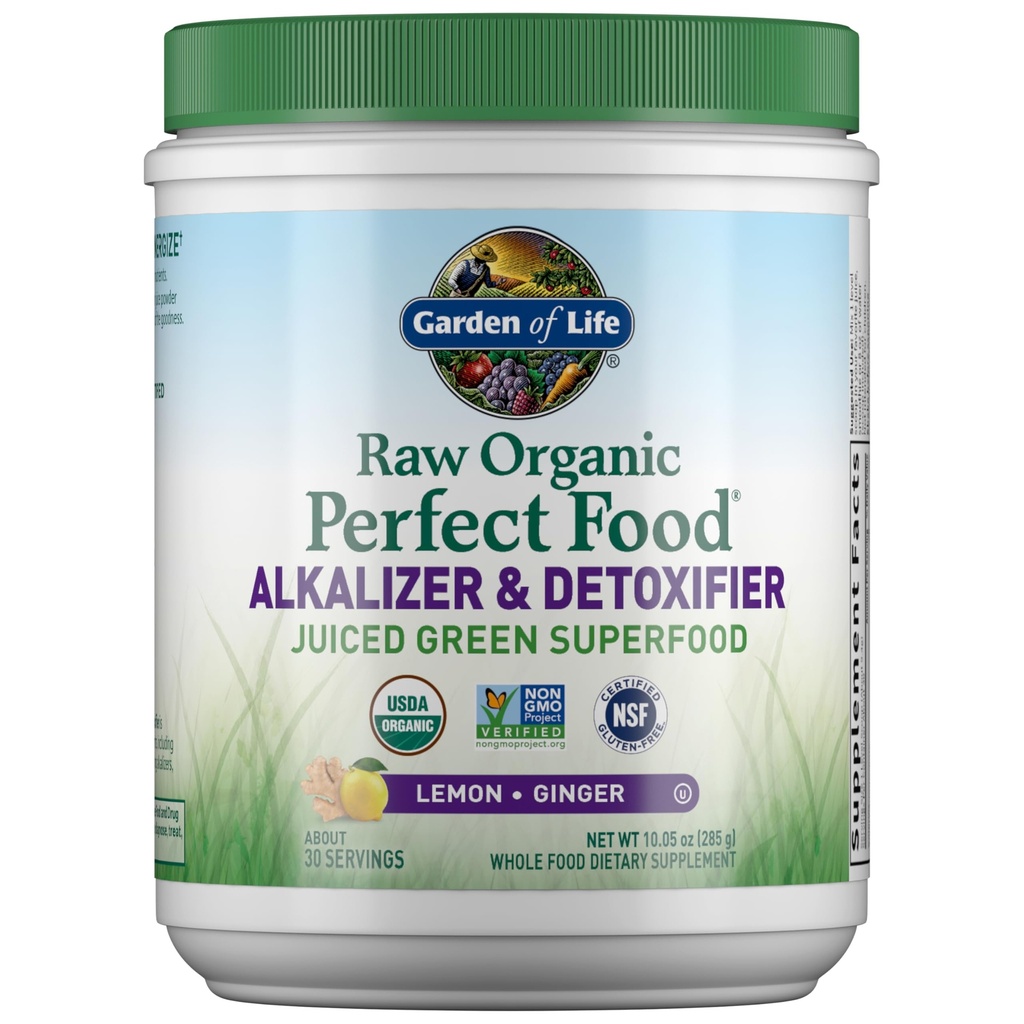 Garden of Life Raw Organic Perfect Food Alkalizer and Detoxifier, Lemon Ginger Flavored Superfood Powder Supplement, 30 Servings