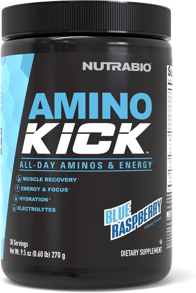 NutraBio Amino Kick – BCAA σκόνη με φυσική καφεΐνη – Amino Acids συμπλήρωμα για την ενέργεια, την ενυδάτωση και την ανάκτηση – BCAAs, ηλεκτρολύτες και αμινοξέα – Blue Raspberry, 30 εξυπηρετούν