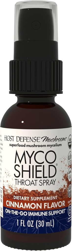 Host Defense MycoShield Throat Spray - Immune Health Support - Συμπλήρωμα μανιταριών διατροφής με Chaga, Reishi, Turkey Tail & More - On-The-Go Immune Support - Cinnamon Flavor, 1 fl oz (71 Services)*