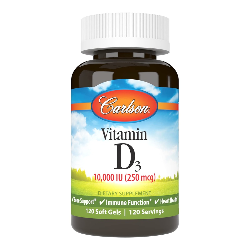 Carlson - Vitamin D3, 10000 IU (250 mcg), Vitamin D Supplements, Bone & Immune Support, D3 Softgels, Heart Health, Gluten Free Vitamin D Capsules, 120 Softgels