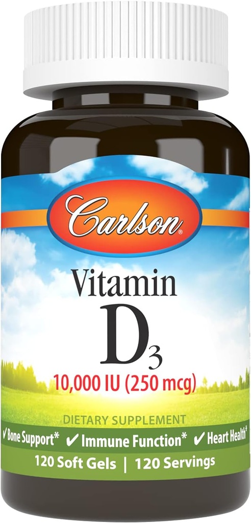 Carlson - Vitamin D3, 10000 IU (250 mcg), Vitamin D Supplements, Bone & Immune Support, D3 Softgels, Heart Health, Gluten Free Vitamin D Capsules, 120 Softgels
