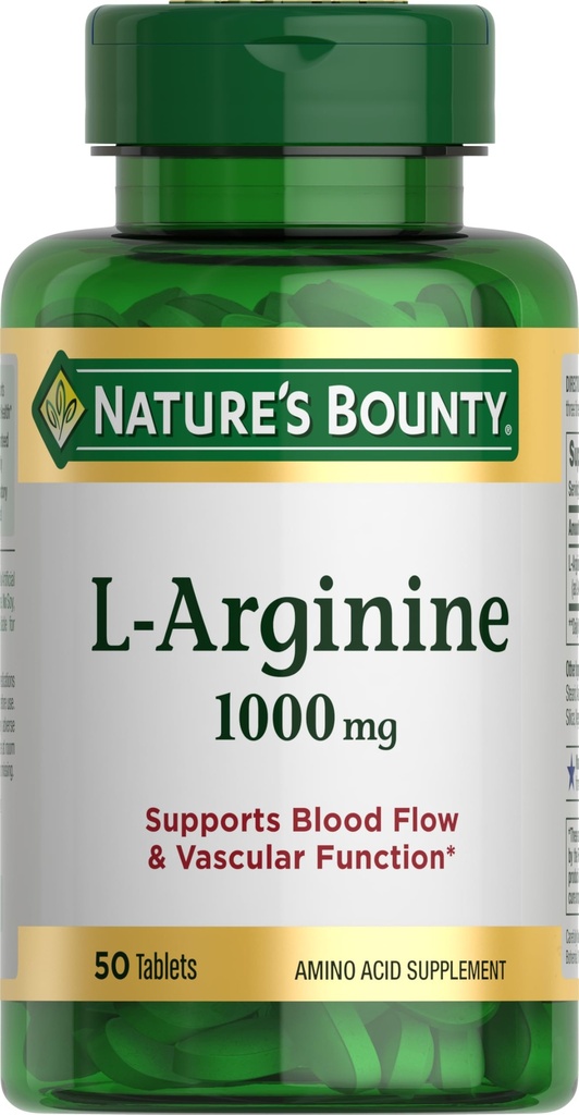Nature's Bounty L-Arginine 1000 mg for Supporting Blood Flow and Vascular Function – Non-GMO, Gluten Free, 50 Tablets