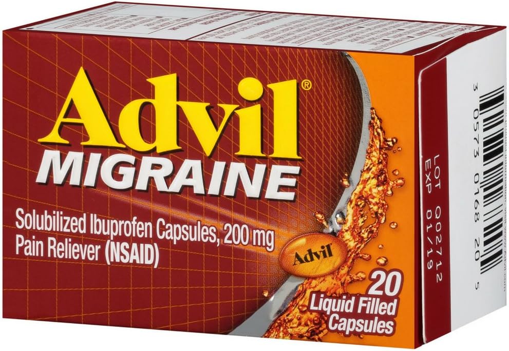 Advil Migraine Pain Reliever, Solubilized Ibuprofen 200 mg, 20 Kont, Liquid Filled Capsules, Güçlü Migraine Relief Relief