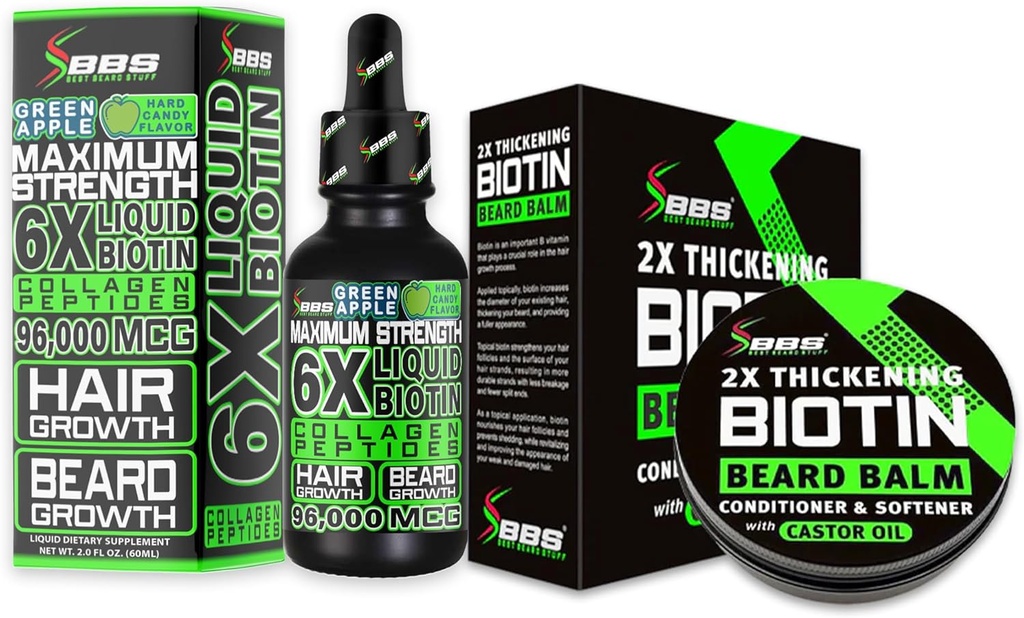 Beard Growth Kit w/ 2X Thickening Biotin Beard Balm & Mustache Wax + 6X Liquid Biotin με Collagen Peptides για την ανάπτυξη των μαλλιών προσώπου - Formulated in America