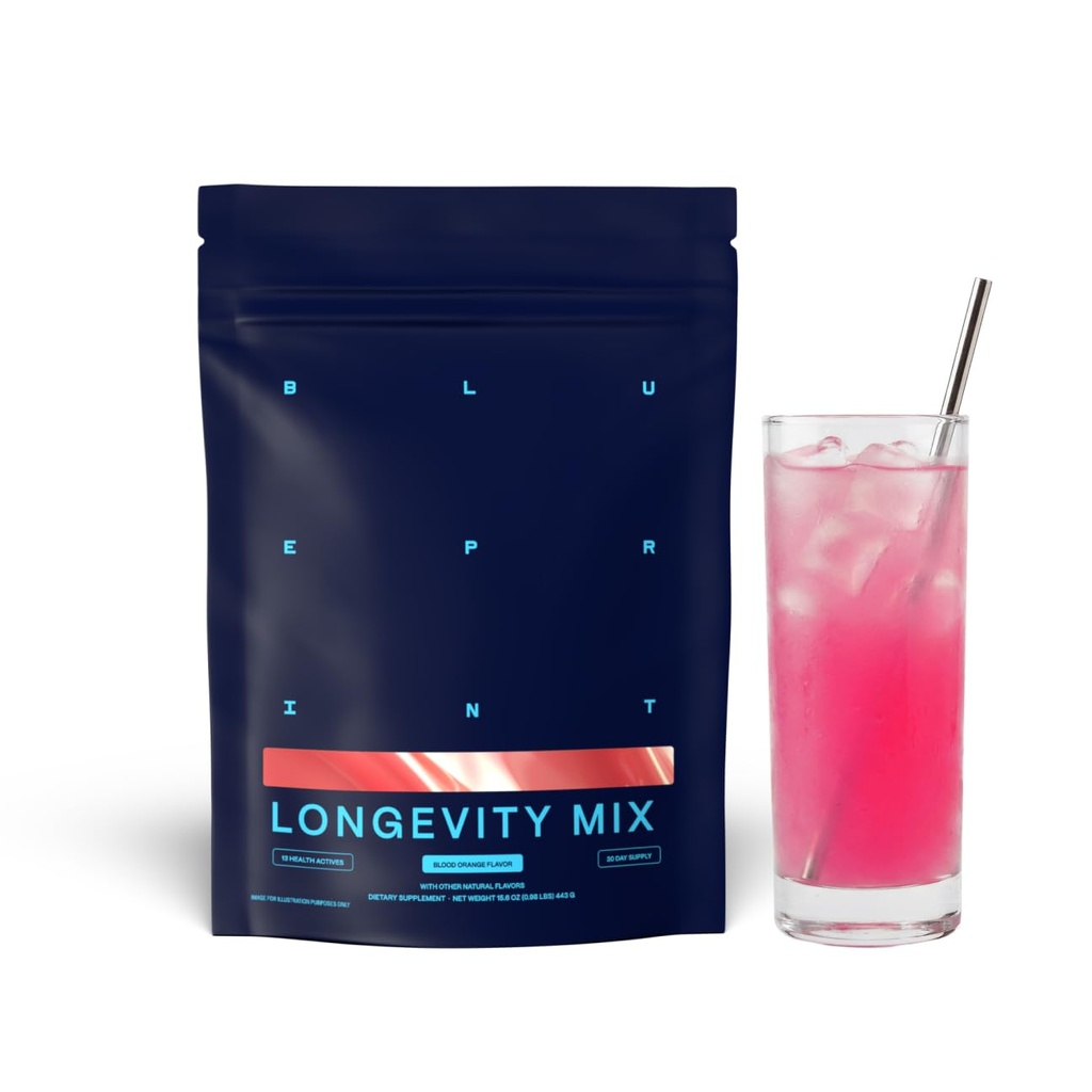 Blueprint Bryan Johnson Longevity Mix - Muscle Builder & Recovery Supplement - Προωθεί Focus and Balanced Mood - Μαγνήσιο, Creatine, L-Θεανίνη, Glutathionone & Vitamin C- 30 Σερβίρει, Πορτοκαλί αίματος