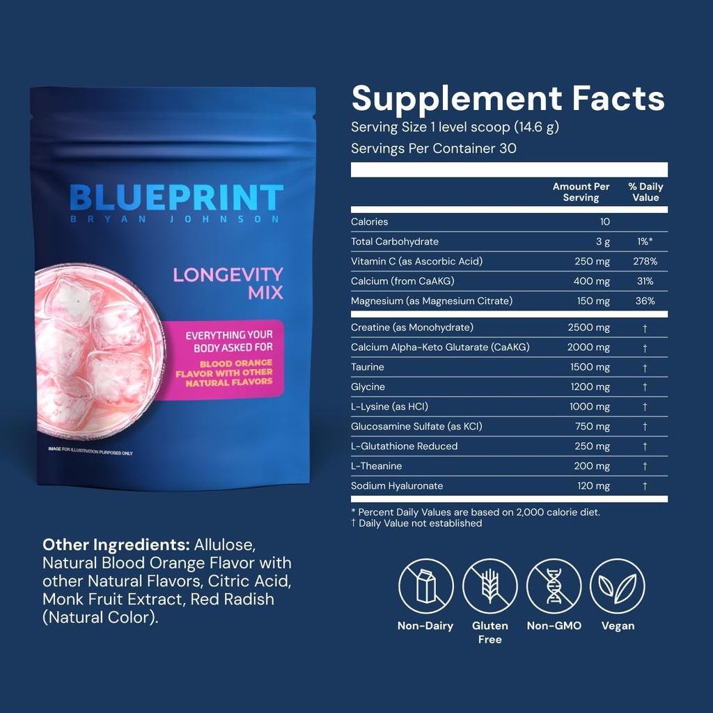 Blueprint Bryan Johnson Longevity Mix - Muscle Builder & Recovery Supplement - Focus ve Balanced Mood - Magnezyum, Tina, Glutathione & C- 30 Hizmet, Blood Orange