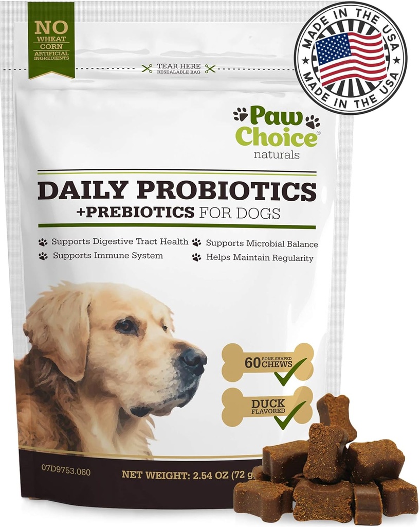 Paw Choice Probiotics for Dogs with Prebiotics - Daily Chews for Gut Health, Digestion, Regularity, and Immune Support - Φυσικό συμπλήρωμα θεραπεία Made in USA