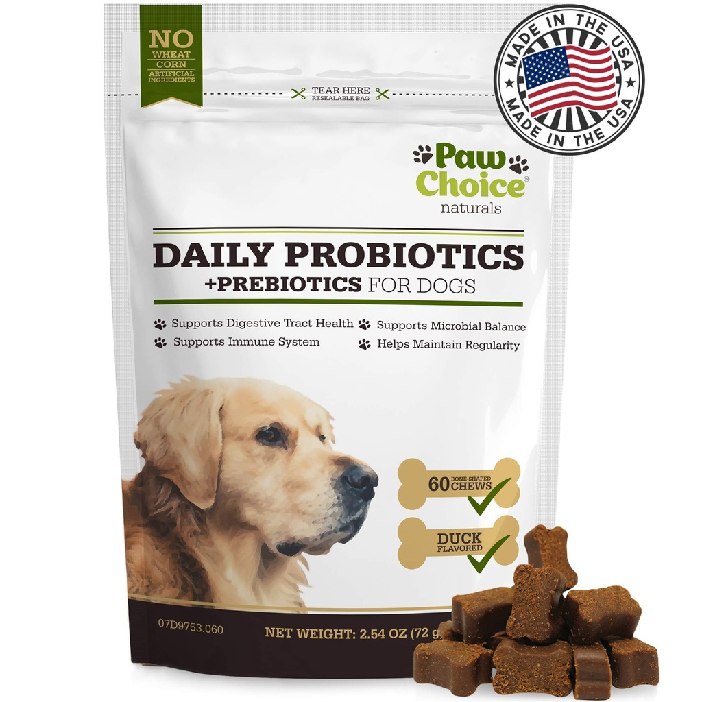 Paw Choice Probiyotiks for Dogs with Prebiyotiks - Daily Chews for Gut Health, Digestion, Regularity, and Immune Support - Natural Supplement Treat Made in USA
