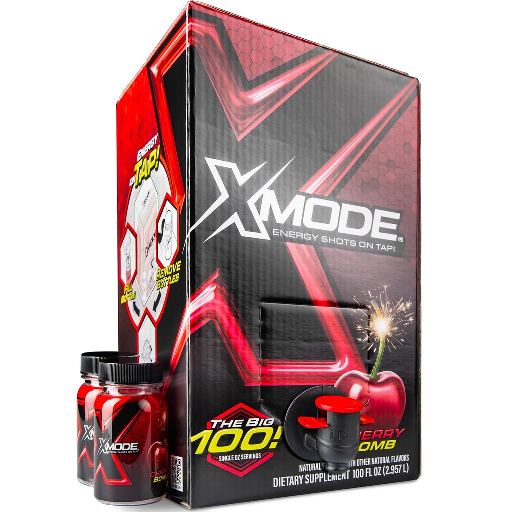 XMODE Extra Strength Energy Shots on Tap – Cherry Bomb Flavor, Sugar Free, 150 mg Caffeine per oz, B12, 100 (1oz) 2 Refillable Şişeler ile birlikte banyo yapın,