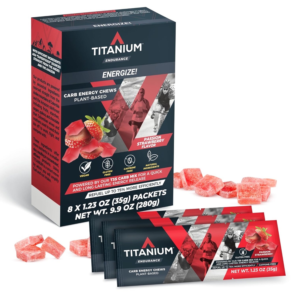 TITANIUM Energy Chews for Run, Bisiklet - Plant-Based Natural Endurance Energy Gummies to Re Yakıt - Enerji Supplements - Preworkout Snack Bloklar - Enerjiden Daha Hızlı - No Caffeine - 8 Count