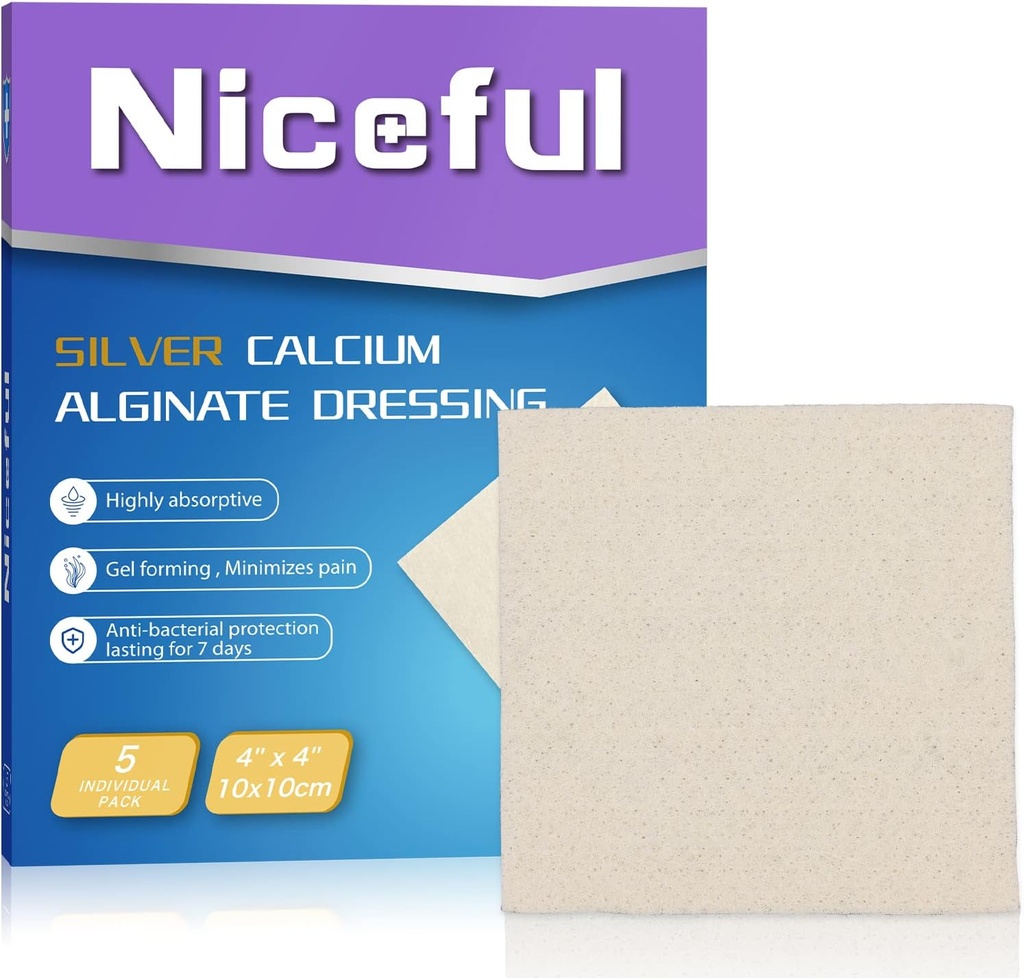 Silveruba Yara 4X4, HSA FSA Eable, Highly Absorbent Ag Silveruba Alginate Yara Elbiseleri Yumuşak, 5 Adet