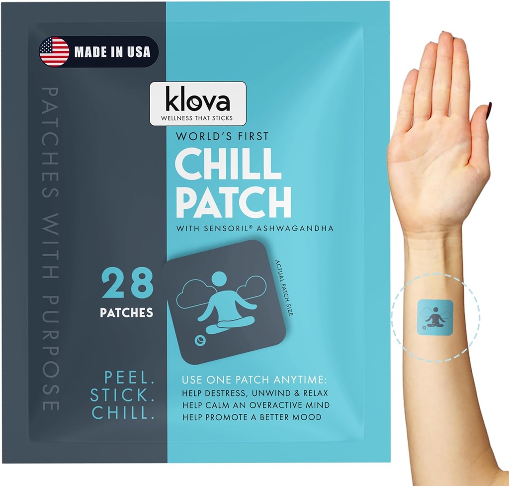 Klova Chill Patches με Clinically Proven Sensoril Ashwagandha, Rhodiola Rosea, Passion Flower, Ginger Root Extract, L-Θεανίνη, GABA και άλλα φυσικά συστατικά για να βοηθήσει την κατάθλιψη, να χαλαρώσετε και να χαλαρώσετε