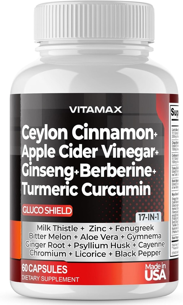Ceylon Cinnamon, Apple Cider Vinegar, Turmeric - Gluco Health Support - Panax Ginseng, Μπερβερίνη, Πικρό Μέλον Γάλα Thistle Fenugreek - Μη ΓΤΟ – Made in USA – 60ct