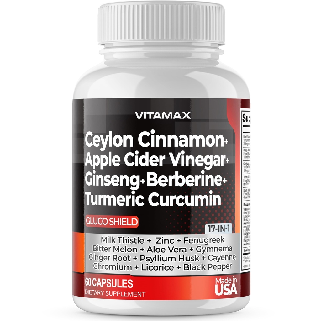 Ceylon Cinnamon, Apple Cider Vinegar, Turmeric - Gluco Health Support - Panax Ginseng, Berberine, Bitter Melon Sütü Butle Fenugreek - GMO - ABD'de Yapılan - 60