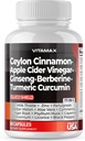 Ceylon Cinnamon, Apple Cider Vinegar, Turmeric - Gluco Health Support - Panax Ginseng, Berberine, Bitter Melon Sütü Butle Fenugreek - GMO - ABD'de Yapılan - 60