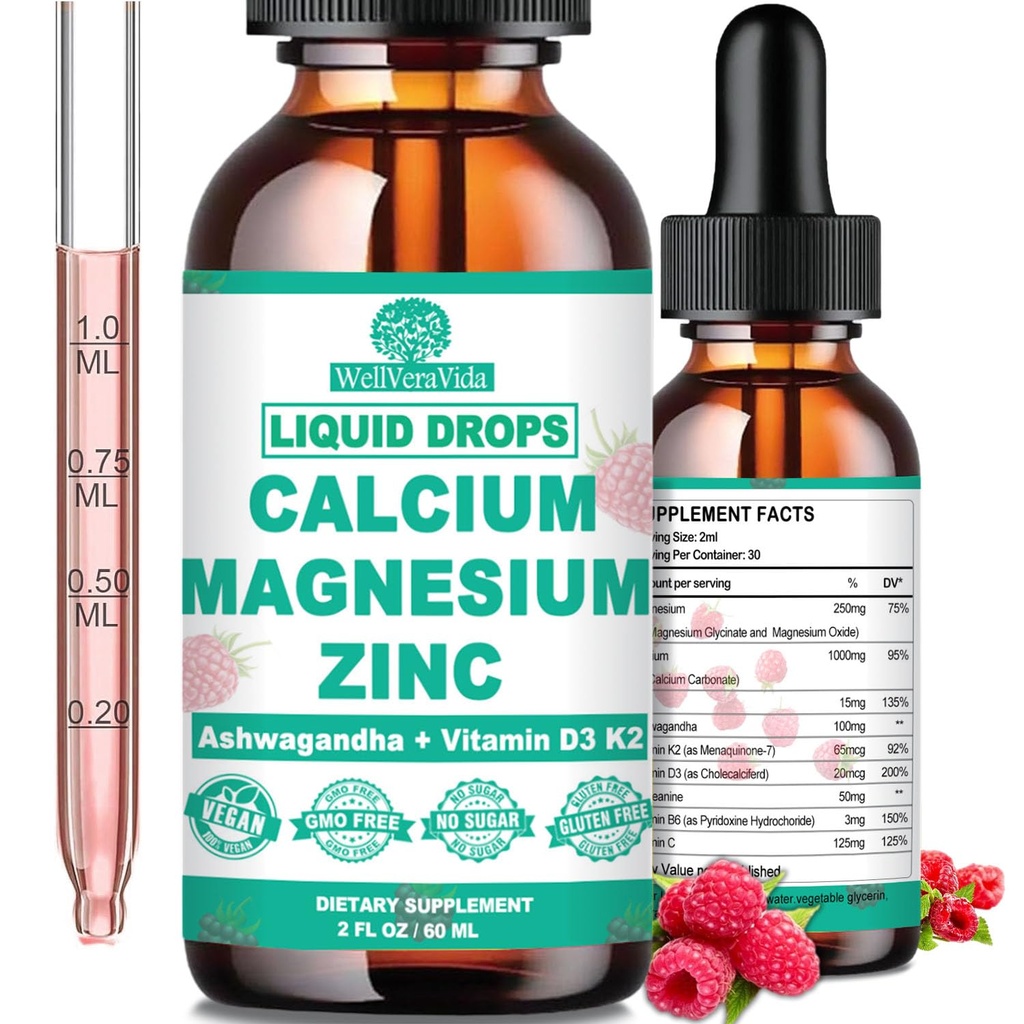 Magnezyum çinko D3 Calm Glycinate Plus Ashwagandha, L-Theanine, Sıvı Kalsiyum D3 ve Magnezyum Tamamı Immune, Bone, Muscle, Mood & Sleep Support