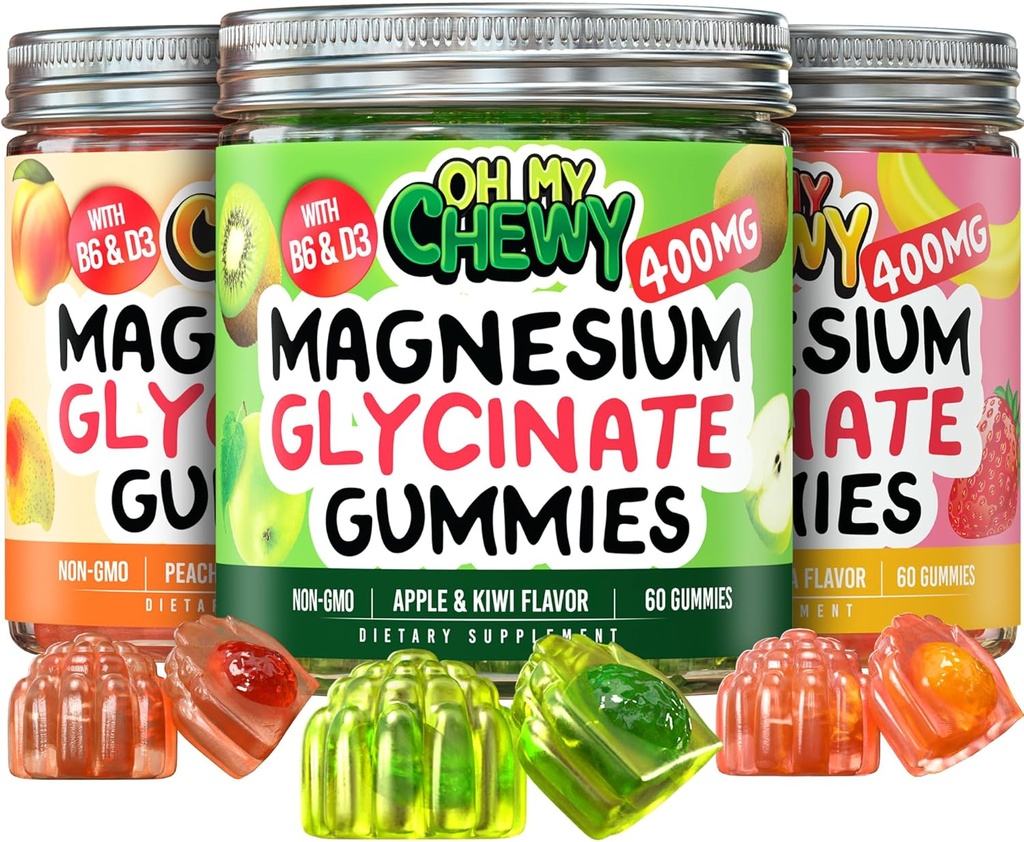 Magnezyum Gummies Çeşitli Paketi - 3 Şişe (60 Her) – Strawberry Banana, Apple Kiwi & Peach Mango