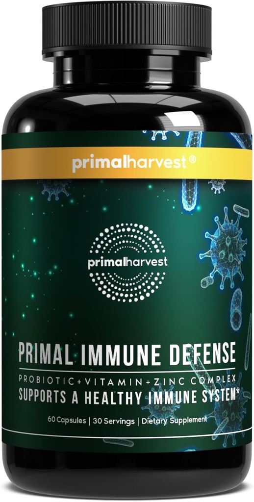 Primal Harvest Primal Immune Defense 10-in-1 Immune Defense Supplement: with 7 Billion CFU Probiotics, Zinc, Vitamins C, B6, D3, K2 - Immune Boosters for Adults 60 Capsles (1 Pack)