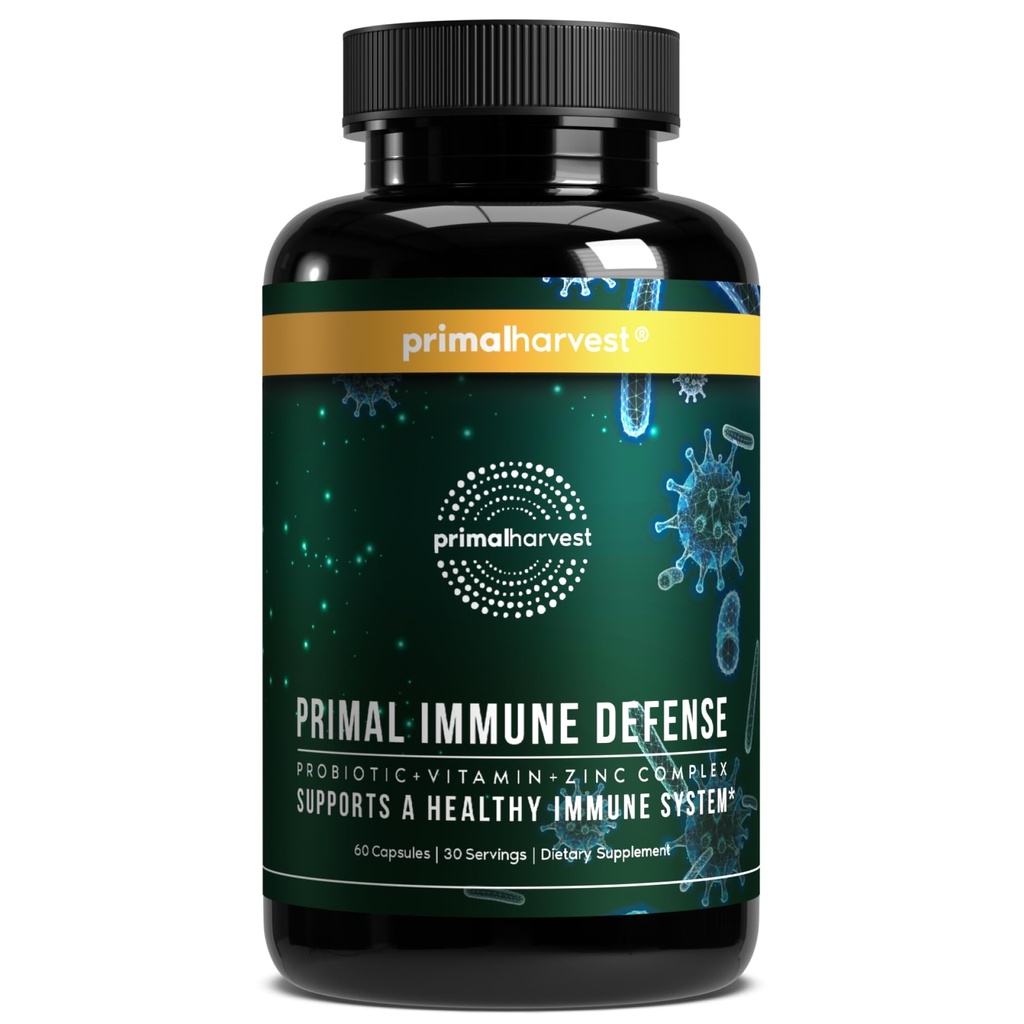 Primal Harvest Primal Immune Defense 10in-1 Immune Defense Supplement: 7 Milyar CFU Probiyotikleri, çinko, C, B6, D3, K2 - Immune Alerts for Yetişkinler 60 Capsules (1 Pack)