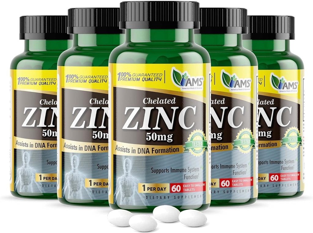 America Medic & Science Chelated Zinc 50 mg Συμπληρώματα (5 Pack of 60 Tablets) ανοσοενισχυτικό ενισχυτικό και ισχυρό αντιοξειδωτικό χάπια για ενήλικες άνδρες και γυναίκες 