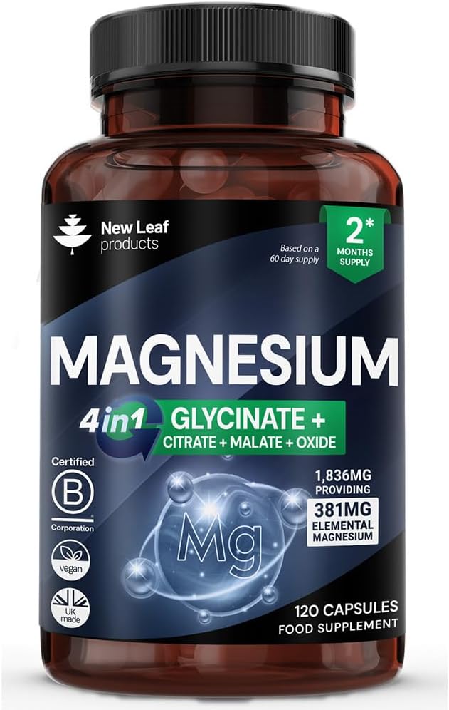 Magnezyum Glycinate 4-in-1 Kompleksi 2000 mg - 449 mg Elemental High Magnezyum Strength Magnezyum Supplements - Magnezyum Bisglycinate,Citrate, Malate, Oksit - 120 Capsules - Vegan UK Made by New Leaf
