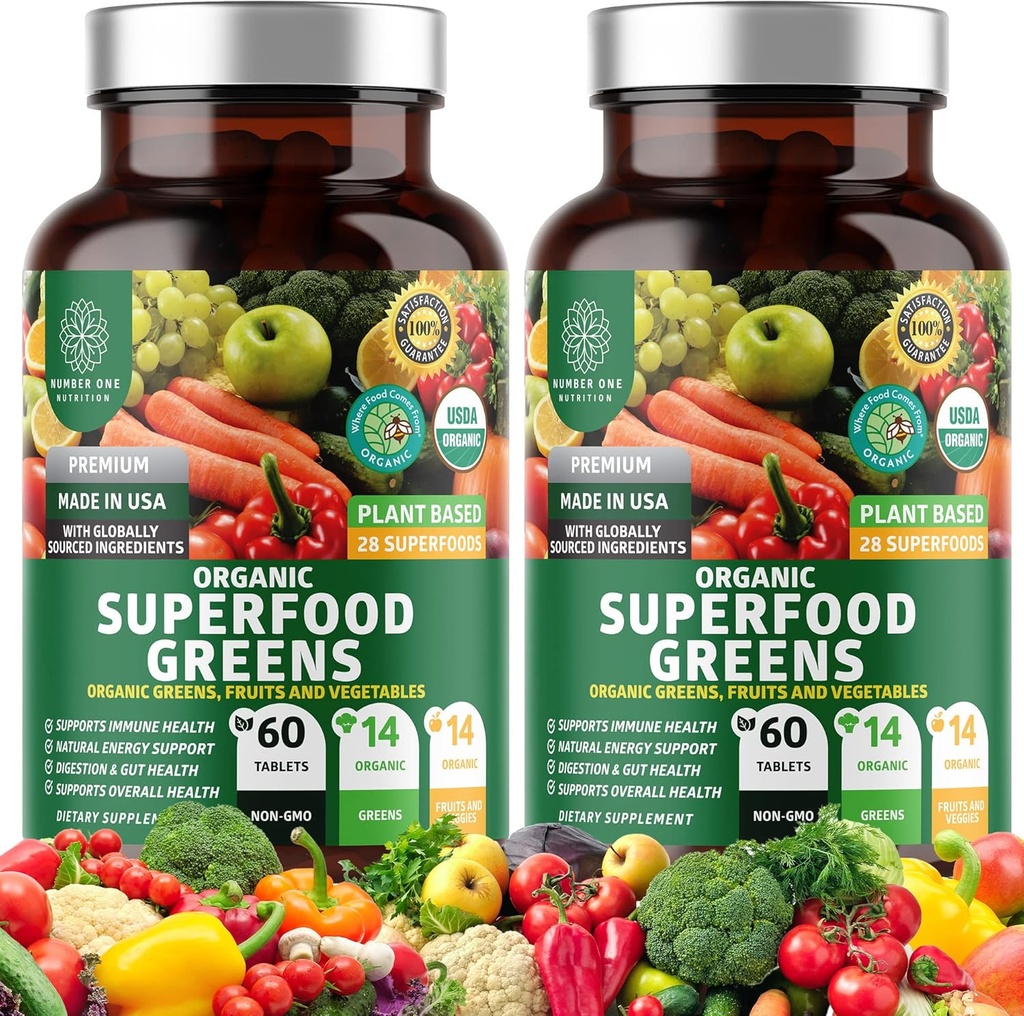 2-Pack N1N Premium Organik Yeşil Superfood, Meyveler ve Veggies [28 Güçlü Malzemeler] Doğal Supplement ile Alfalfa, Beet Root & Tart Cherry Enerji için, Immunity, Digestion, 120 Ct