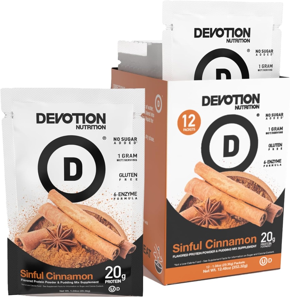Devotion Beslenme Protein Tozu | Gluten Free, Keto Friendly, Nodrew Sugars | 1g MCT | 20g Whey & Micellar Protein | 12 Packets (Sinful Cinnamon)
