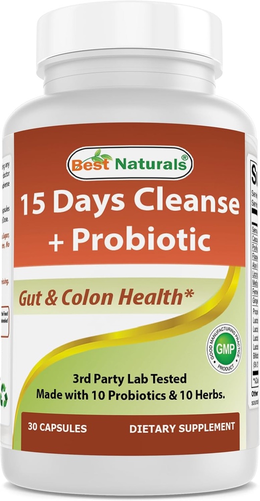Best Naturals 15 Ημέρα Gut & Colon Cleanse + Προβιοτικά για γυναίκες & άνδρες με Senna, Cascara Sagrada & Psyllium Husk- 30 κάψουλες - Μη ΓΤΟ & Χωρίς γλουτένη.