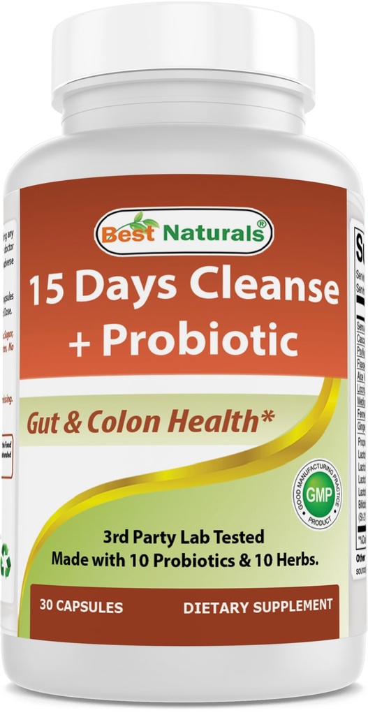 Best Naturals 15 Ημέρα Gut & Colon Cleanse + Προβιοτικά για γυναίκες & άνδρες με Senna, Cascara Sagrada & Psyllium Husk- 30 κάψουλες - Μη ΓΤΟ & Χωρίς γλουτένη.