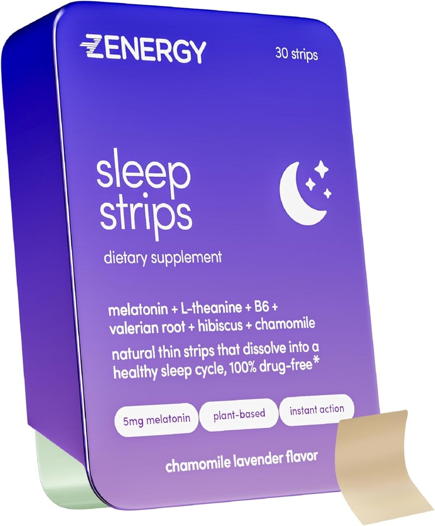 ZENERGY Sleep Oral Strips - Chamomile Lavender Flavor | 5mg Melatonin + 20mg L-Theanine + 100% Vitamin B6 + Botanicals | 0 Sugar, 0 Calories, 0 Gluten, Vegan, Instant Action | 1 Tin = 30 Strips