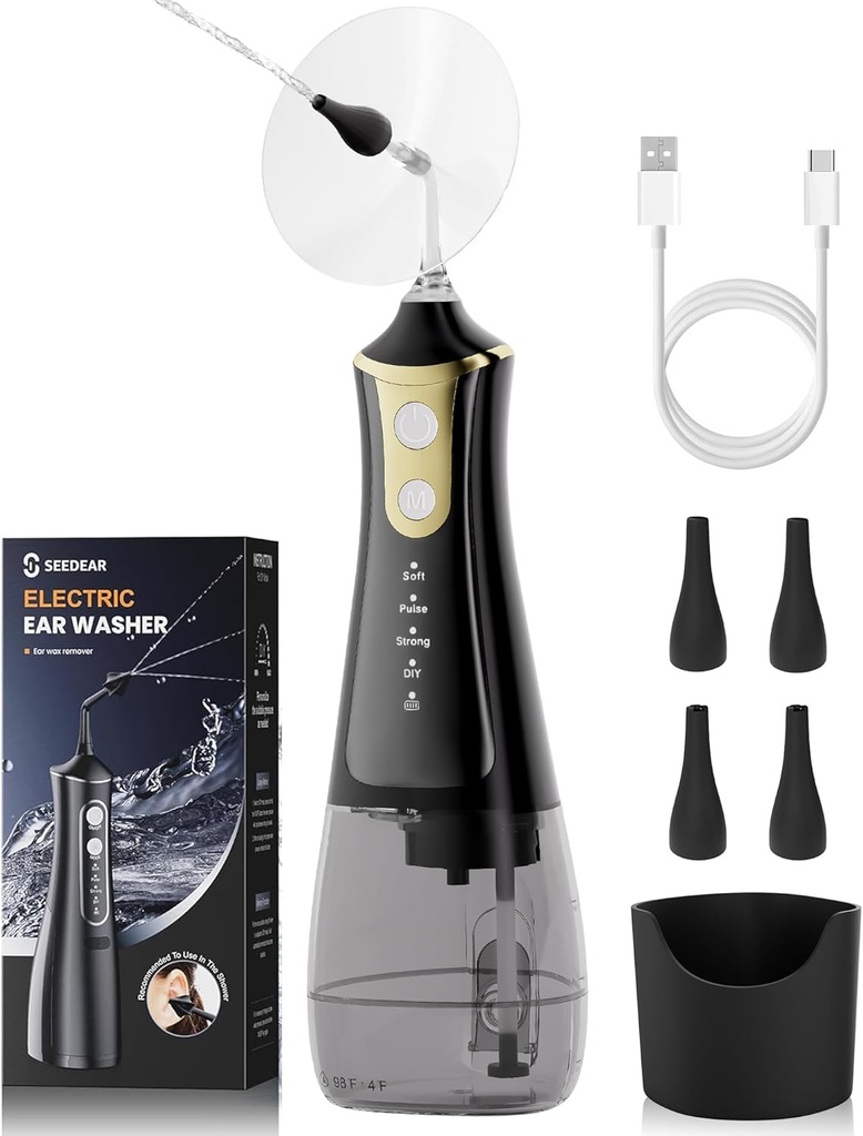 Elektrikli Kulak Kabloları Kesme Kit, Kulak Kabloları 4 Su Basınç Modes, Ear Temizlik Kit Safer ve Daha Etkili Kulak Irrigation Flushing System, Earwax Removal Tool with 4 Nozzles (Black)