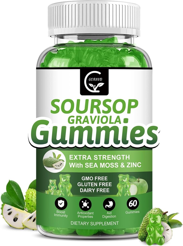 Organic Soursop Graviola Gummies - 2200mg Extra Strength Soursop Leaves Extract w/Sea Moss Extract 200mg, Ψευδάργυρος & Βιταμίνη C - Υποστηρίζει Ανοσία, Ήπαρ, Zzz & Αντιοξειδωτικό, Χωρίς Γλουτένη, Vegan, 60 Gummies