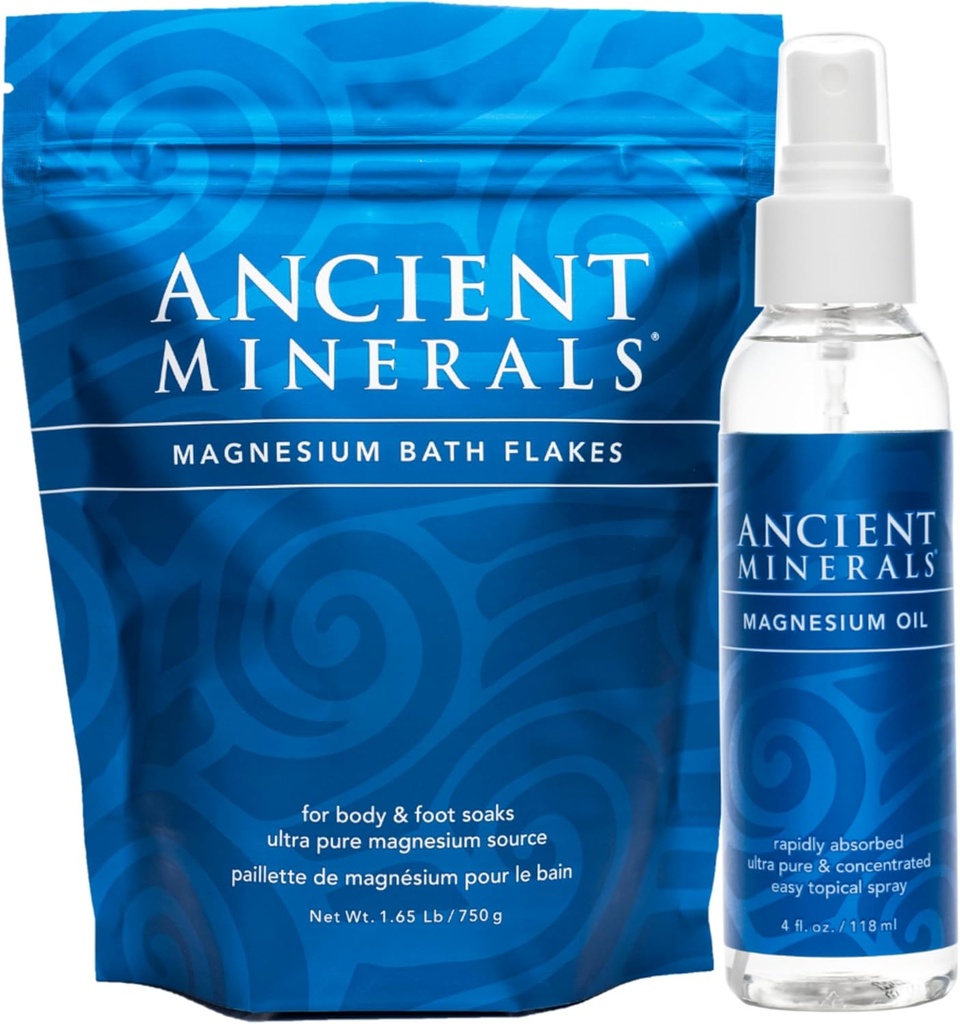 Ancient Minerals Magnesium Bath Flakes and Magnesium Oil Spray Bundle - Pure Genuine Zechstein Chloride