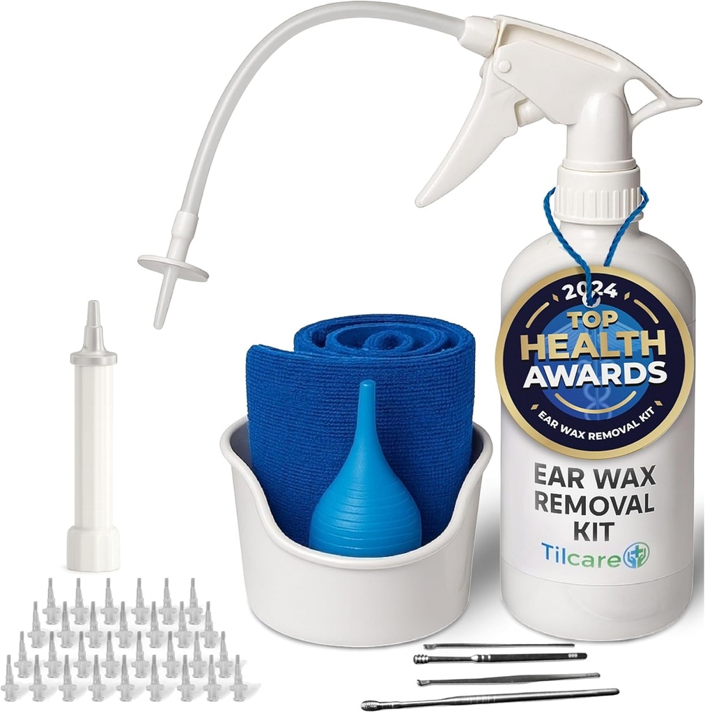 Ear Wax Removal Tool by Tilcare - Ear Irrigation Flushing System for Yetişkinler & Kids - Perfect Ear Temizlik Kit - Basin, Magnete, Curette Kit, Havlu ve 30 Teker