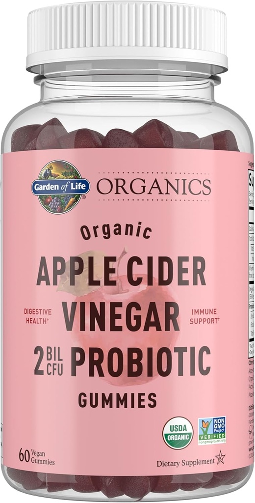 Garden of Life Apple Cider Vinegar Probiotic Gummies USDA Organic ACV Gummy Vitamins, 2 Billion CFUs, Whole Food Vitamin B12-60 Vegan, Non-GMO Gummies for Digestion & Immunity