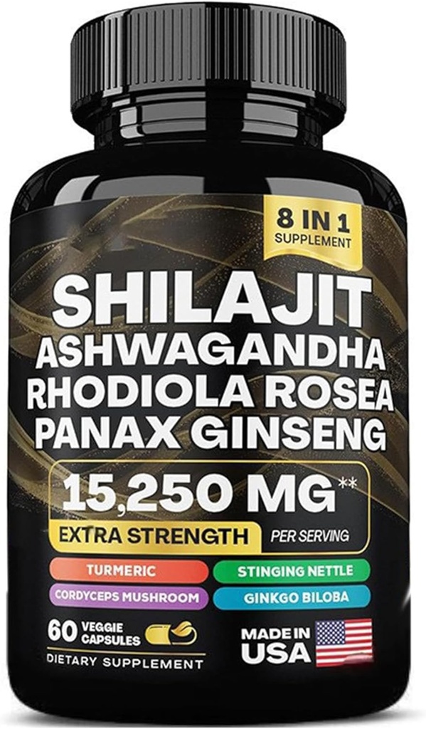 shilajit 9000 mg, Ashwagandha 2000 mg, Rhodiola Rosea 1000 mg, Panax Ginseng 1500 mg, cordyceps Mushroom 500 mg, Ginkgo Biloba 500 MG, Sting Nattle 250 mg, Tumeric 500 mg.