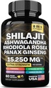 shilajit 9000 mg, Ashwagandha 2000 mg, Rhodiola Rosea 1000 mg, Panax Ginseng 1500 mg, cordyceps Mushroom 500 mg, Ginkgo Biloba 500 MG, Sting Nattle 250 mg, Tumeric 500 mg.