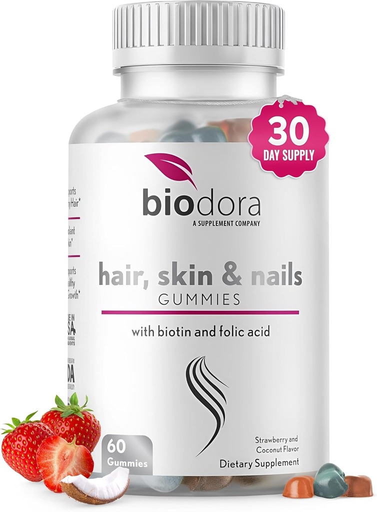Saç Ciltleri ve Çiçeği Gummies, Ekstra Kuvvetli Biyotin Gummies with Folic Acid, Inositol ve Vitaminler, Ps Symptom Relief & Hormon Balance, Sugar-Free Strawberry & Coconut Flavor, 60 Gummies