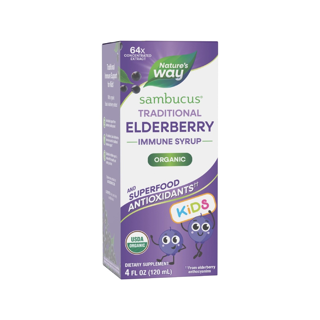 Nature's Way Sambucus Elderberry Traditional Immune Syrup for Ages 1+, Traditional Immune Support*, Antioksi Support*, Black Elderberry Extract, USDA Sertifikalı Organik, 4 Fl Oz